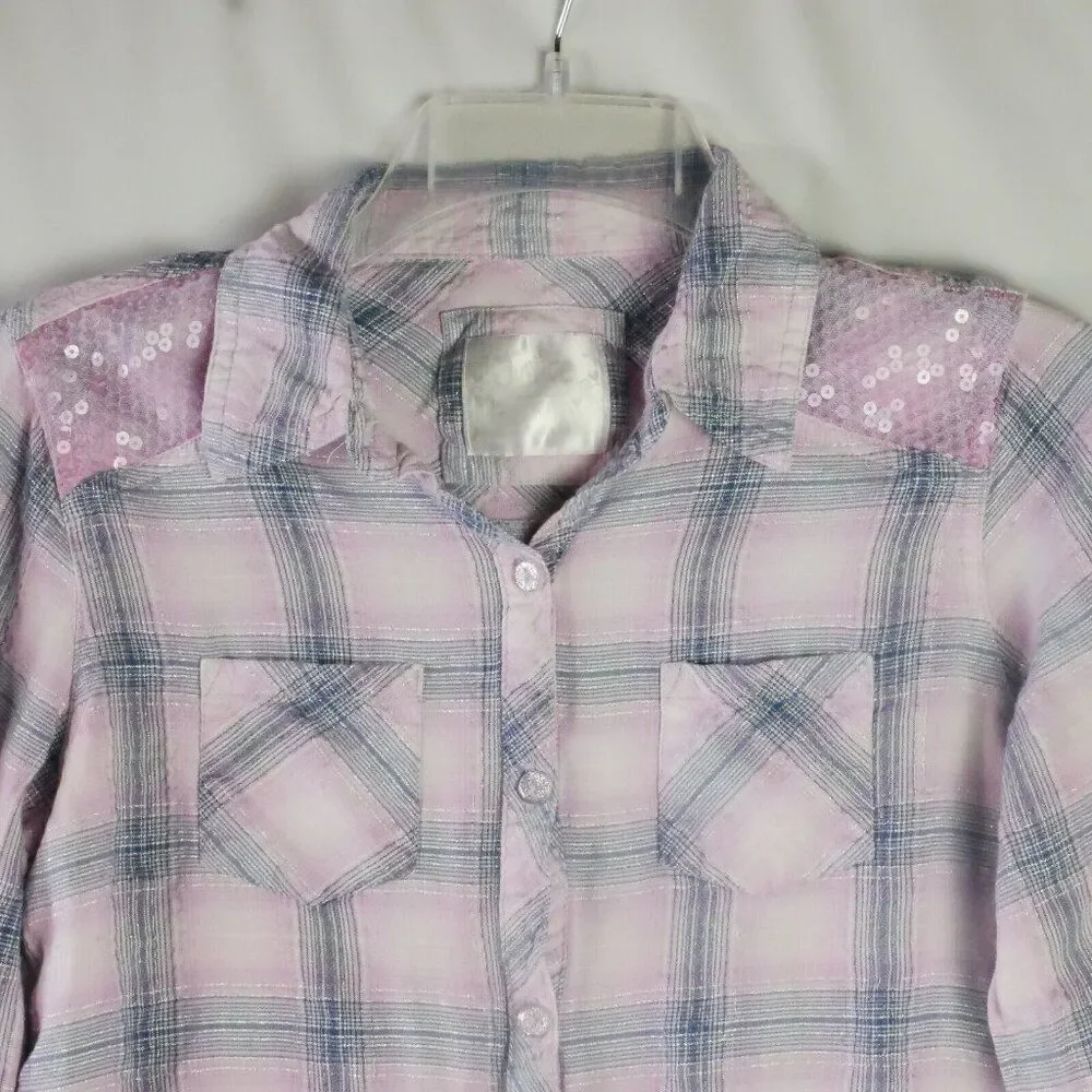 Justice Girls Size 16 Shirt Pink / Gray Plaid Long Sleeve Button Up